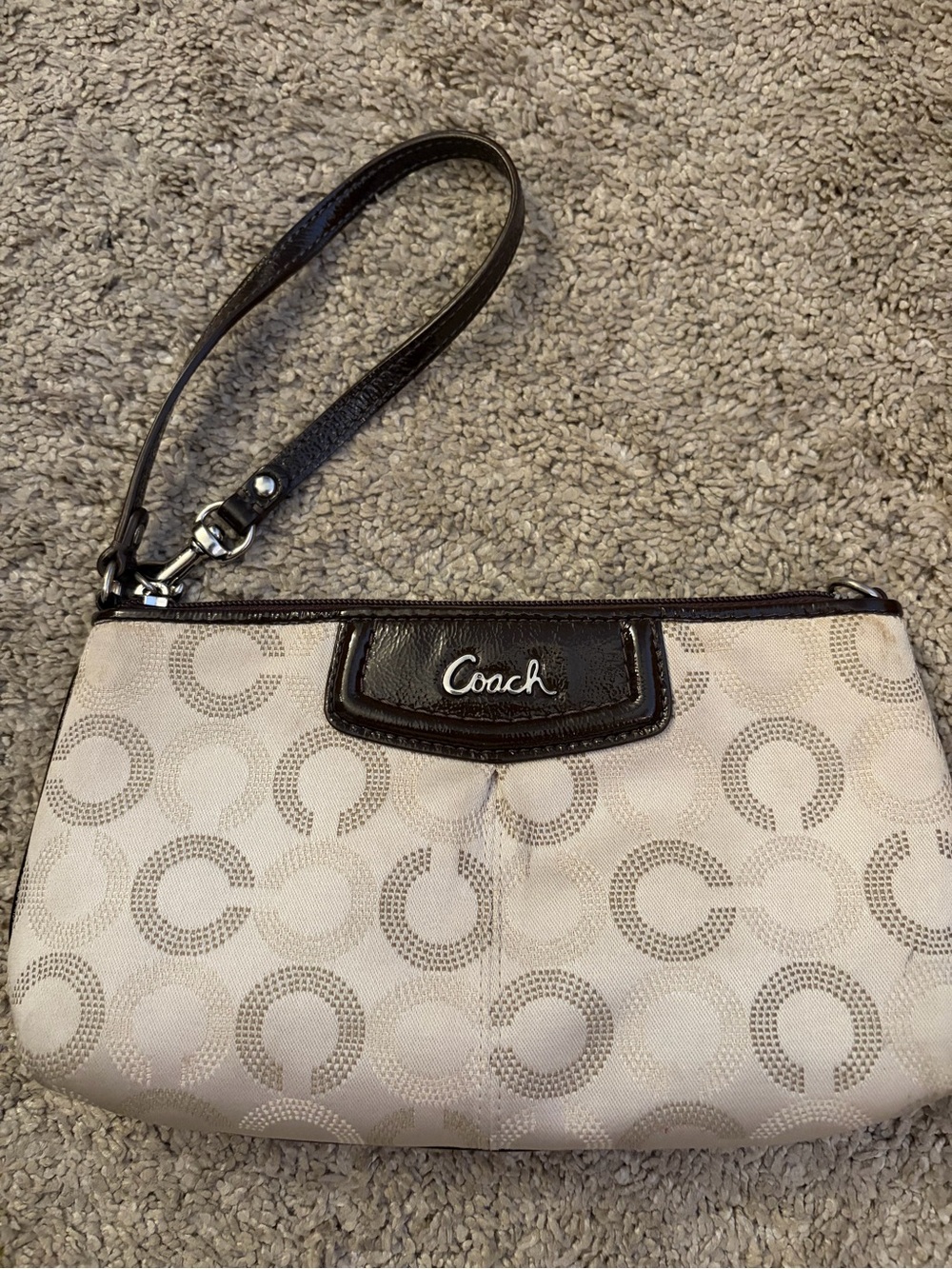 Coach Beige Signature Wristlet with Dark Brown Trim